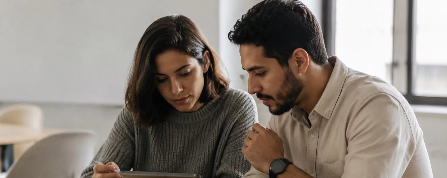 Duas pessoas lendo páginas impressas juntas sobre a mesa