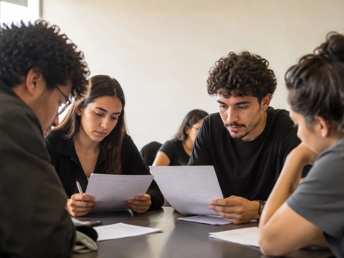 Profissionais numa sala de reunião clara, uma pessoa explicando algo
